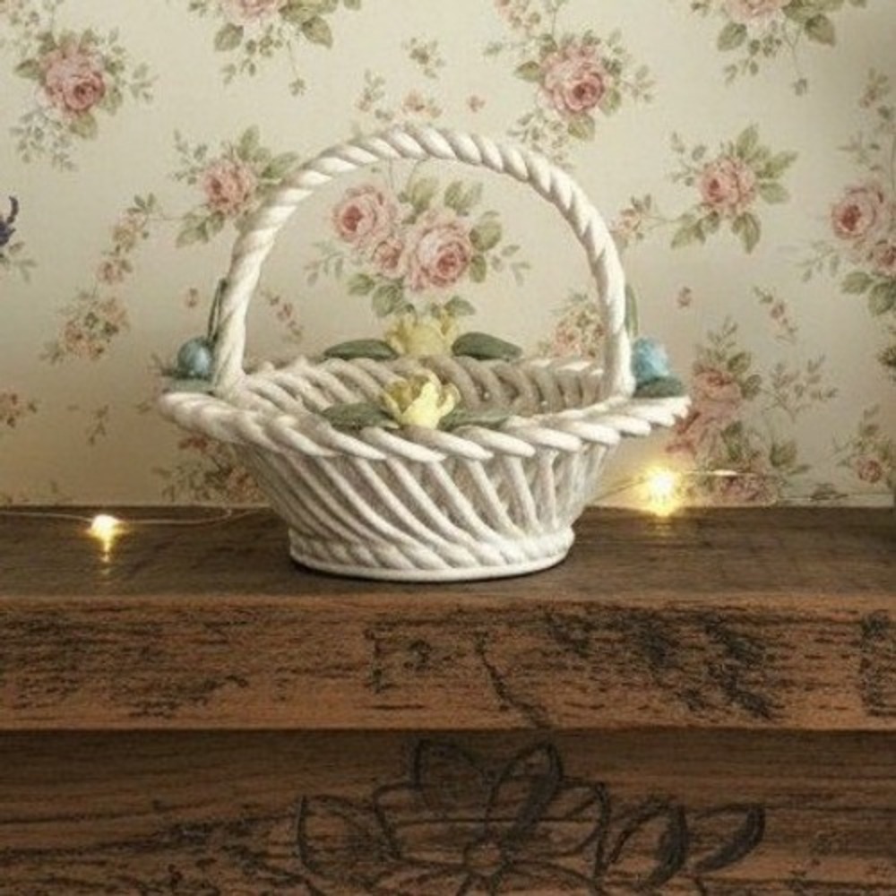 Capodimonte Style Porcelain Woven White Basket Applied Flowers Centerpiece Italy
